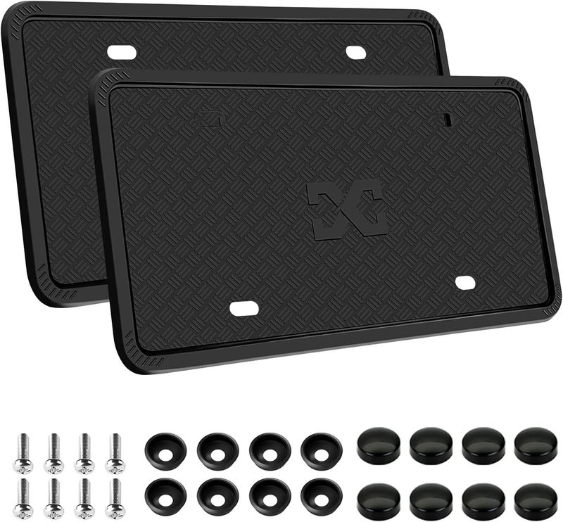 XCLPF Silicone Black License Plate Frame Covers 2 Pack- Front and Back Car Plate Bracket Holders. Rust-Proof, Rattle-Proof, Weather-Proof (Black) - Image 1